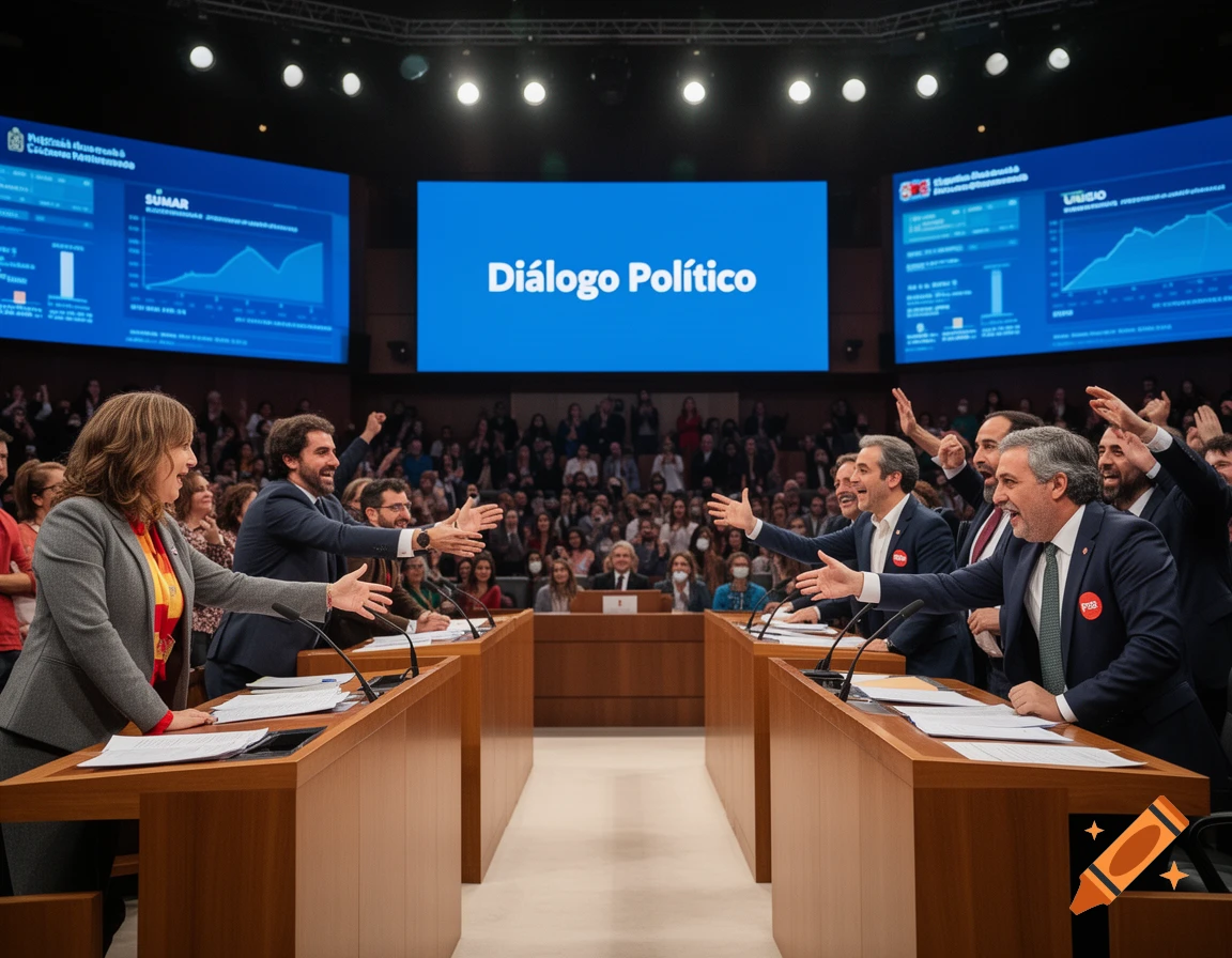 Politicians engage in a lively political debate, reaching across tables in a large hall with screens displaying 'Diálogo Político' and graphs.