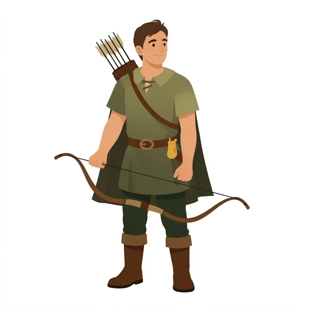 contemporary 2D stock illustration, clean simplified natural forms, flat color areas with gentle soft gradient shading, rounded believable proportions, restrained detail, no outer outlines, no texture or grain, non-photorealistic. A fantasy archer standing casually with a bow held downward, full body, centered on a pure white background. Tunic with belt, short cape, quiver on the back, and sturdy boots. Palette-disciplined colors with forest-inspired tones and one small accent. Clear readable silhouette with comfortable padding, no cast shadow, no floor shadow, no extra scenery, no text.