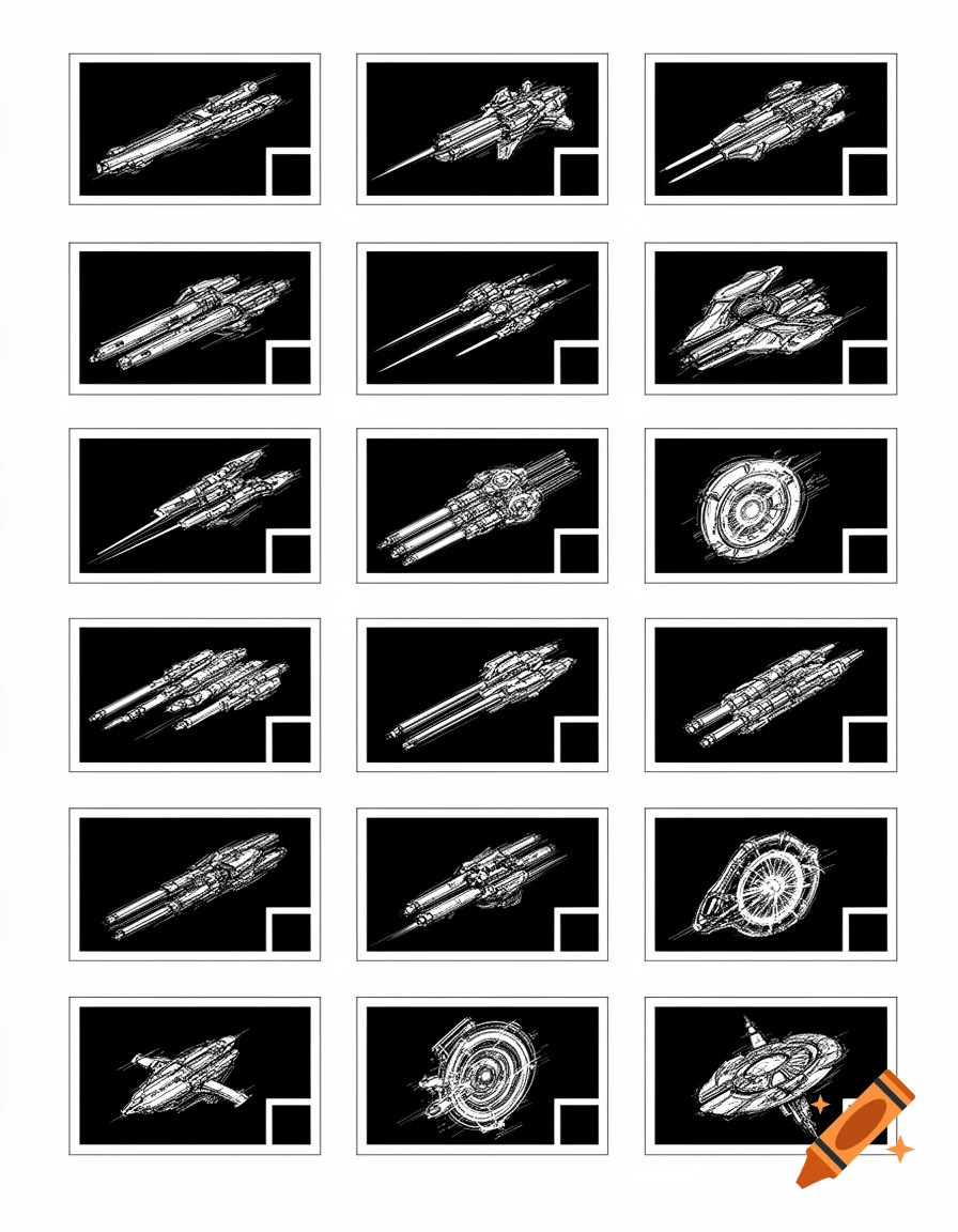 A grid of 15 black and white technical drawings depicting various futuristic spaceship weapons or components on a white background, each with a small black square in the corner.