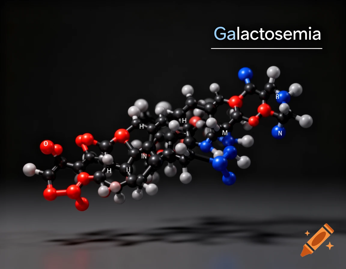 A 3D molecular model with red, black, blue, and white spheres connected by sticks, with the word "Galactosemia" at the top right, and some arbitrary letters on the spheres.