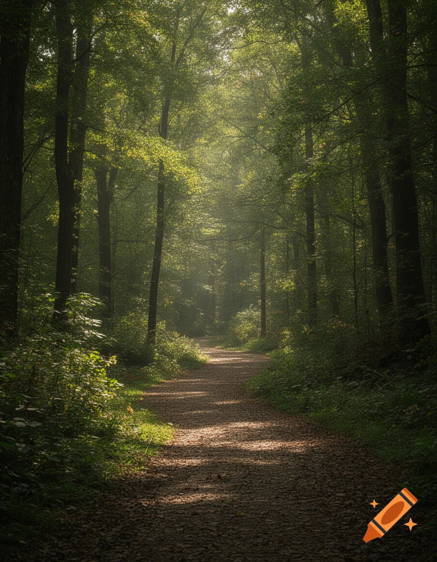 A sun-dappled dirt path winds through a dense green forest, illuminated by rays of light breaking through the canopy.