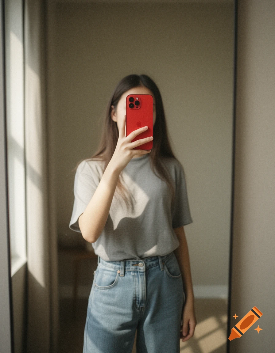 Photorealistic mirror selfie of a person in a grey t-shirt and blue jeans, holding a red iPhone that covers their face.