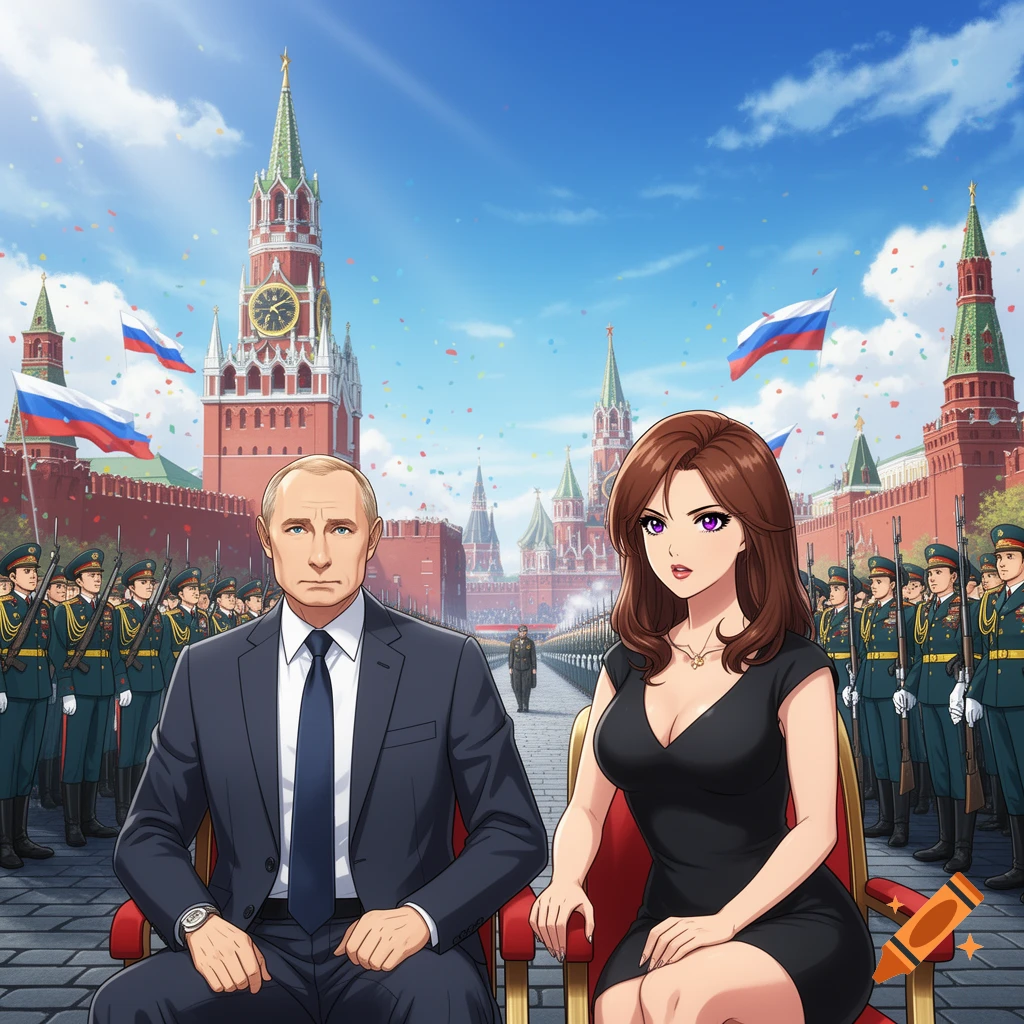 Anime-style illustration of Vladimir Putin and a woman sitting in Red Square during a parade, with soldiers and Russian flags.