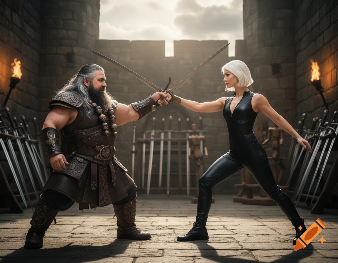 A heavily armored, bearded man and an athletic woman in a black leather suit engage in a sword fight within a castle courtyard.