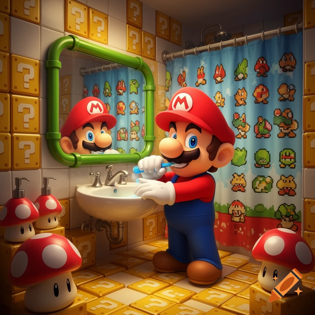 Cartoon Mario brushes his teeth at a sink in a vibrant, highly detailed bathroom with question mark blocks on the walls and floor, and mushroom-shaped soap dispensers.