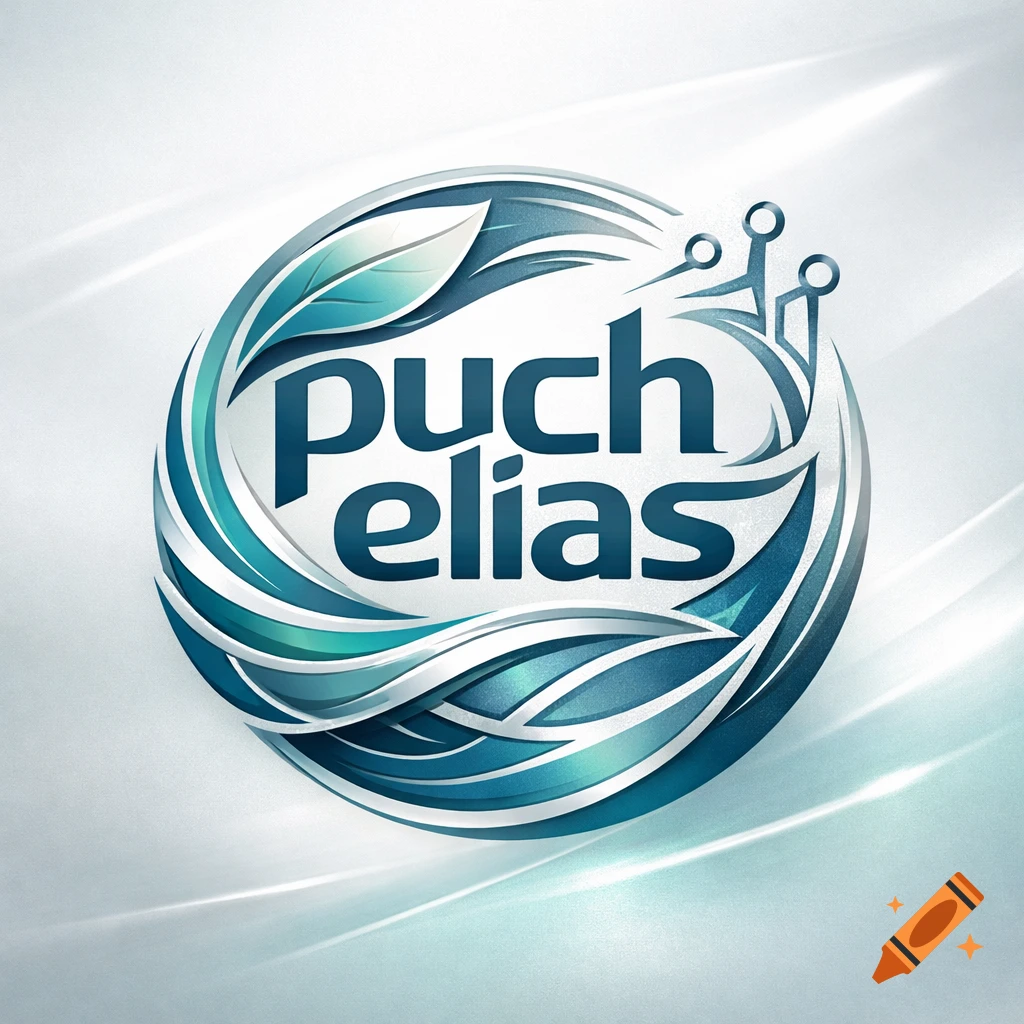Modern logo featuring the text "puch elias" encircled by abstract blue and green leaf-like and tech-inspired elements.
