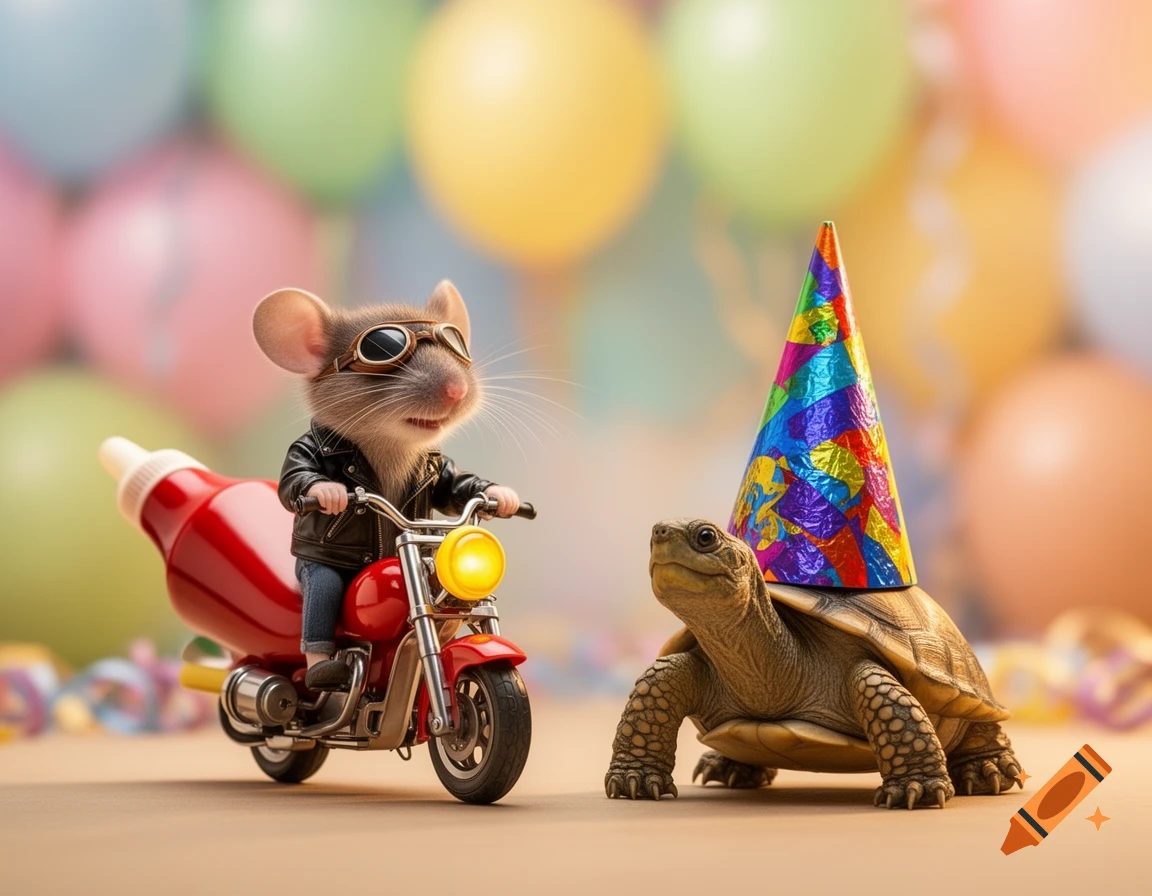 A mouse in a leather jacket rides a red motorcycle shaped like a ketchup bottle, beside a turtle wearing a colorful party hat, against blurred party balloons.