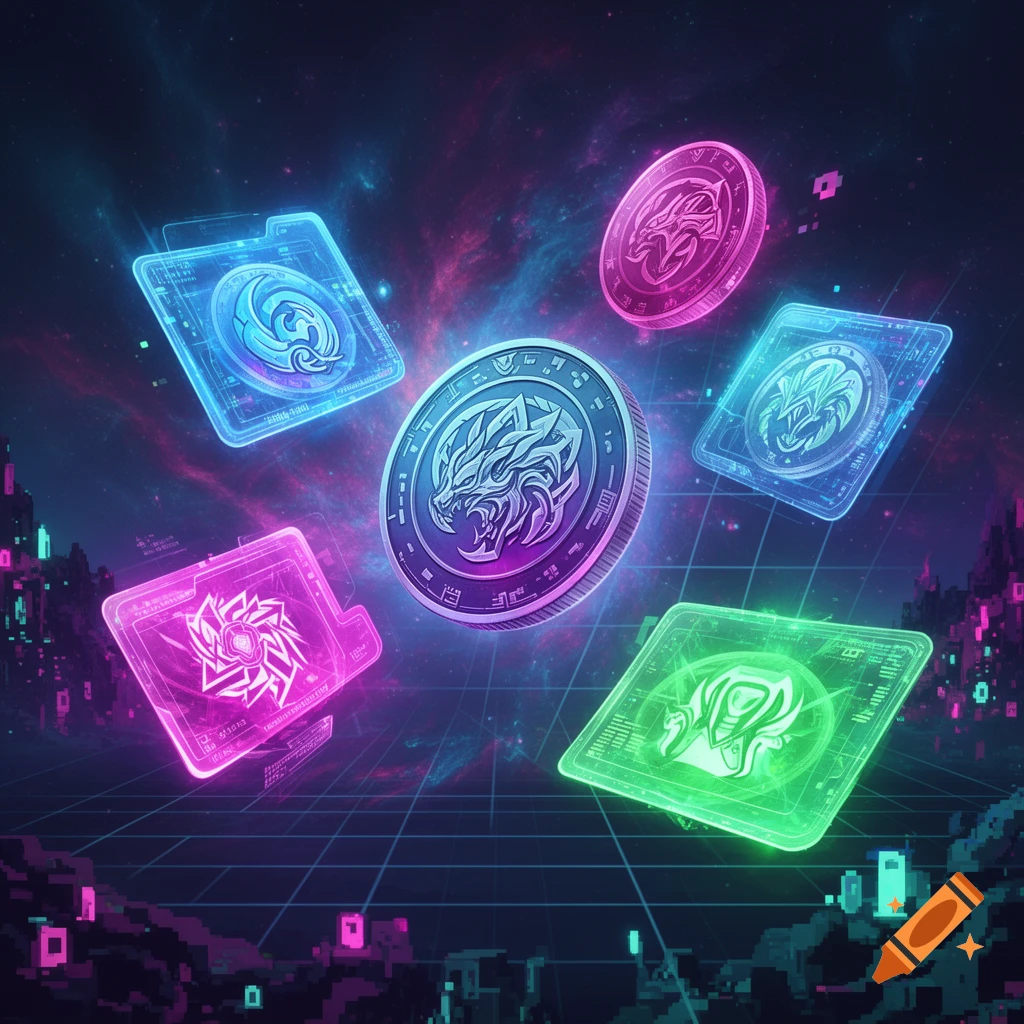 Glowing digital coins and holographic cards in vibrant neon colors float in a dark, grid-patterned futuristic space.