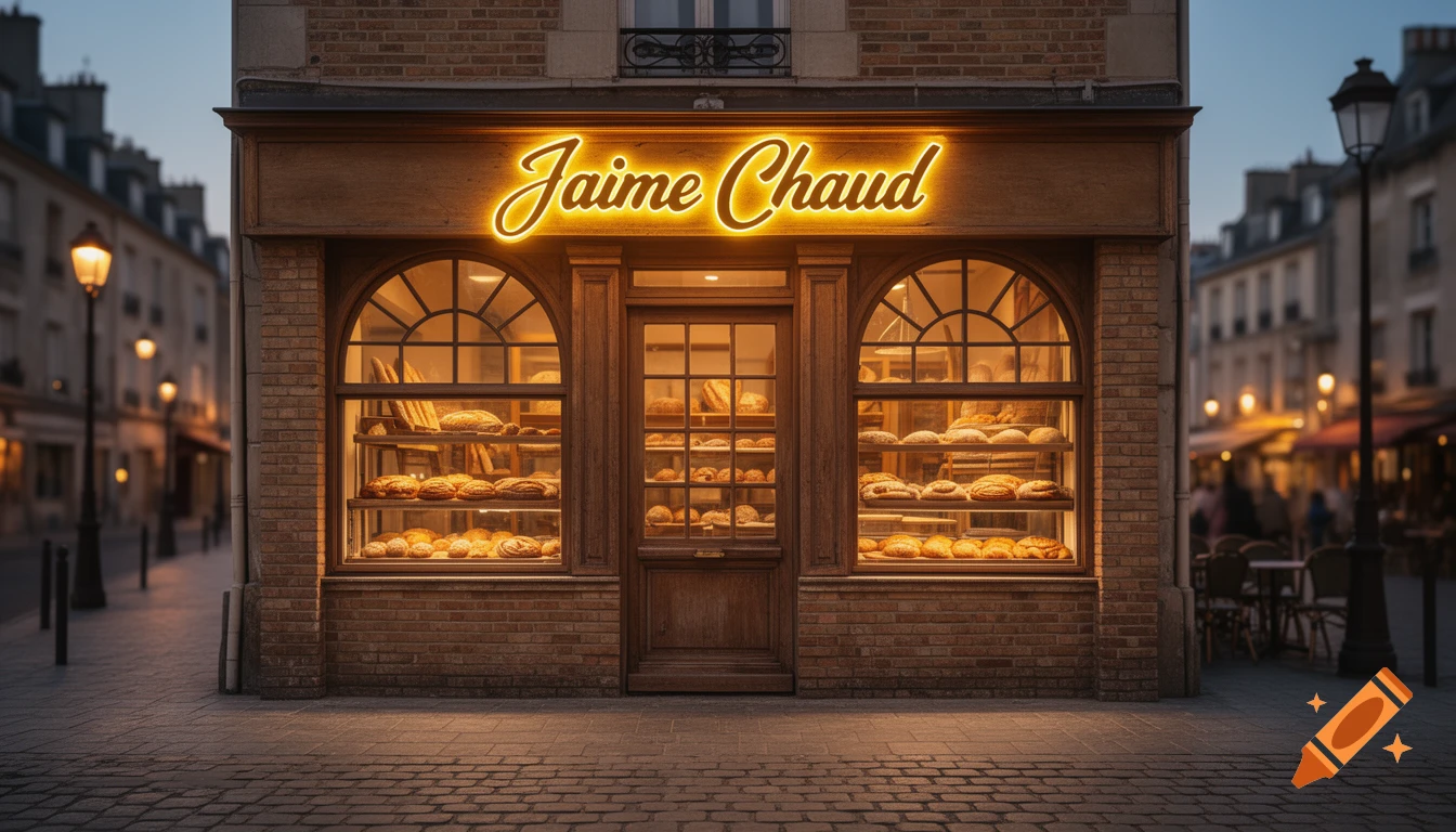 Photorealistic bakery storefront 'Jaime Chaud' glowing warmly at dusk, displaying bread and pastries through arched windows on a cobblestone street.