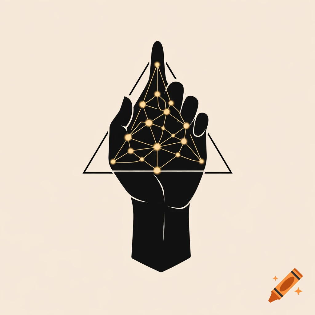 A black stylized hand pointing upwards, with a glowing golden geometric network inside a triangle.