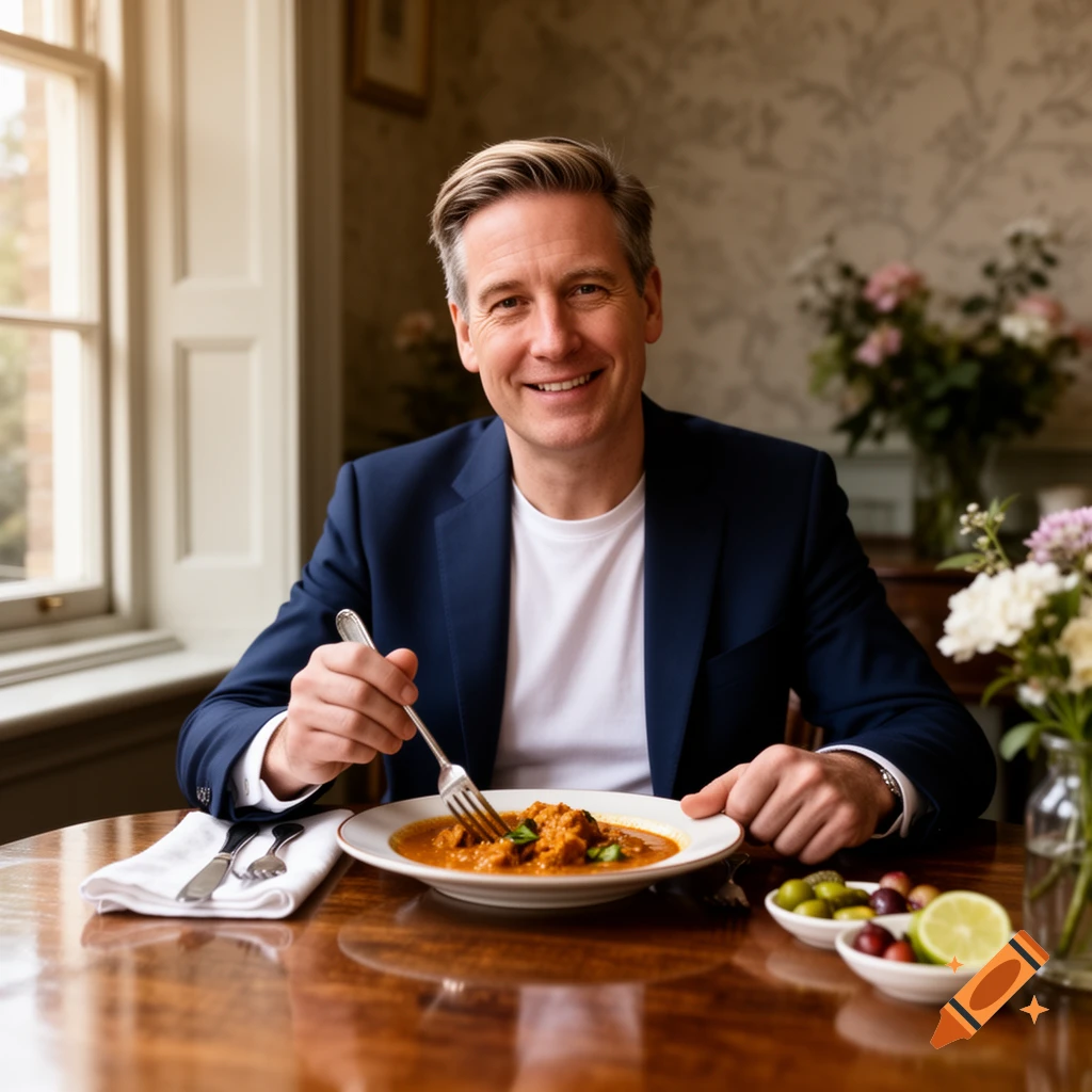 A smiling man in a blue suit eats a bowl of curry at a wooden table, with side dishes and flowers.