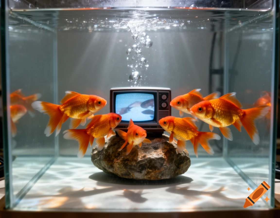 Several goldfish gather around a tiny retro television set on a rock in a brightly lit aquarium.