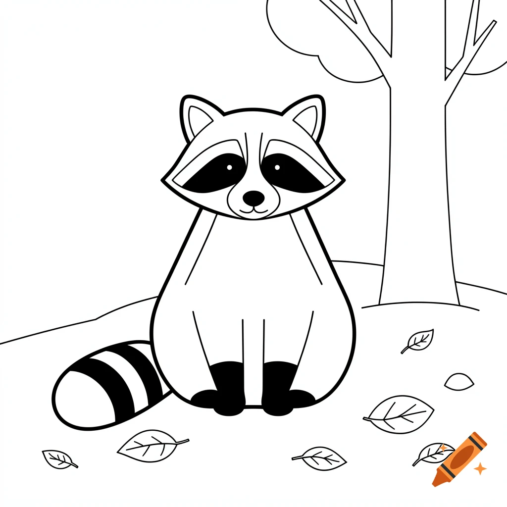 Black and white line art coloring page of a raccoon sitting by a tree with fallen leaves.