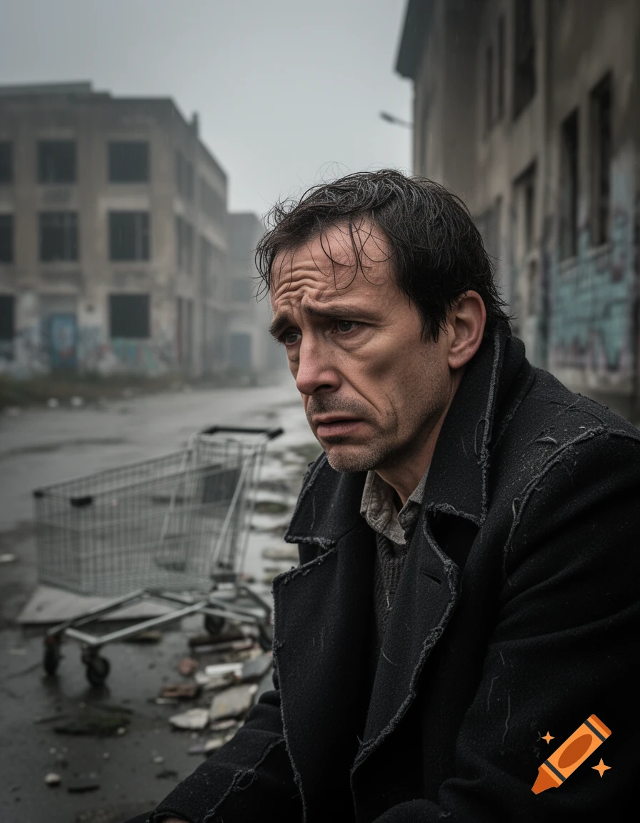 Photorealistic portrait of a distressed man on a rainy, derelict urban street with abandoned buildings and a shopping cart.