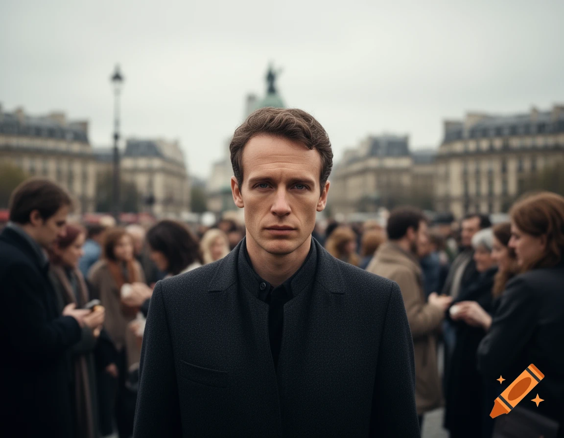 A photorealistic portrait of a serious man in a dark coat, standing in ...