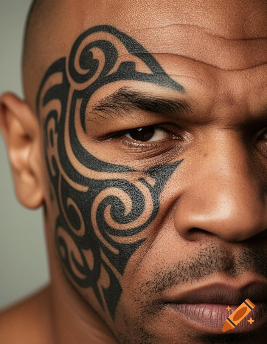A close-up, realistic shot of a man's face with a bold black tribal tattoo covering his left eye and cheek.