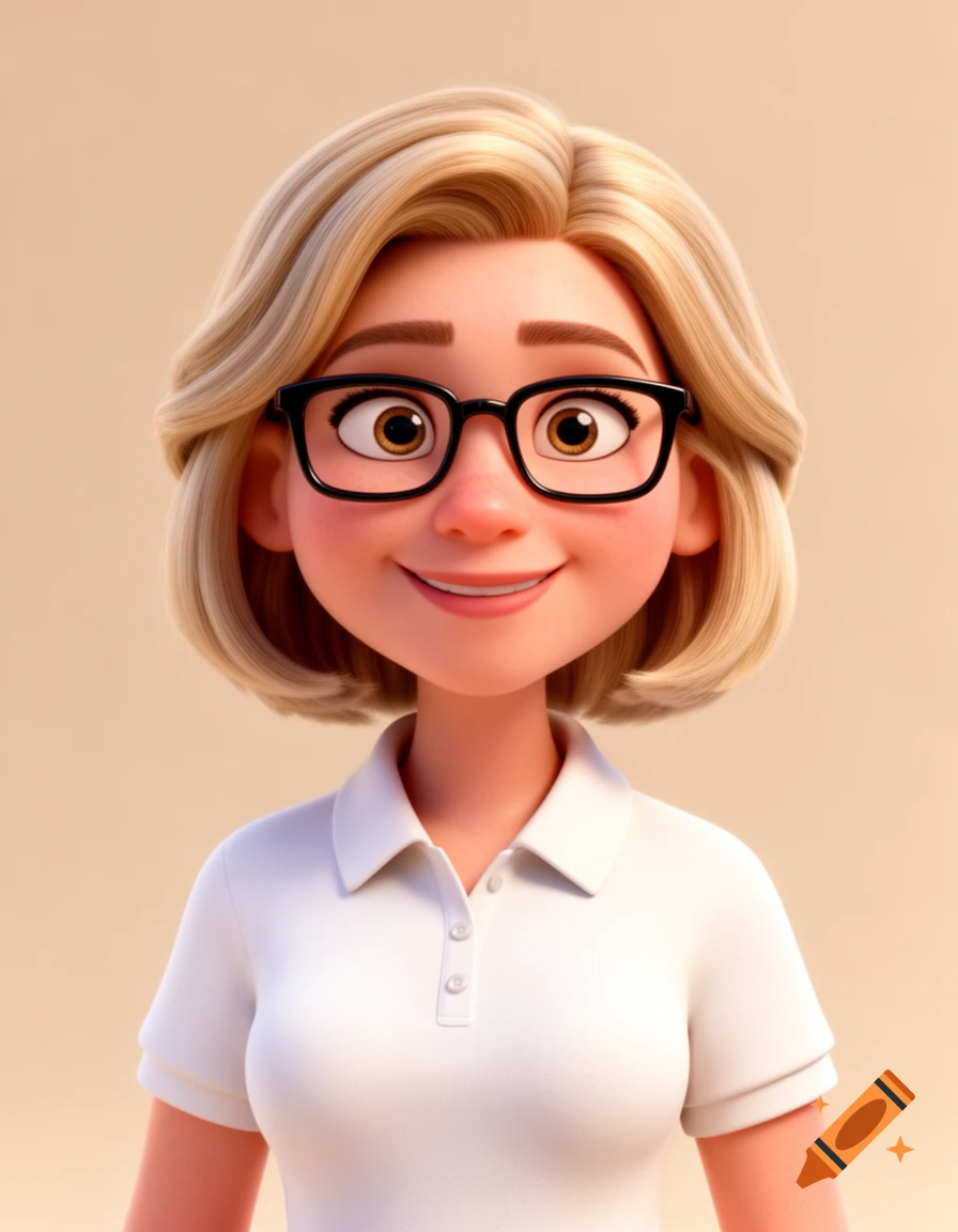 A stylized 3D avatar of a friendly woman with blonde hair, black glasses, and a white polo shirt, in Pixar style.