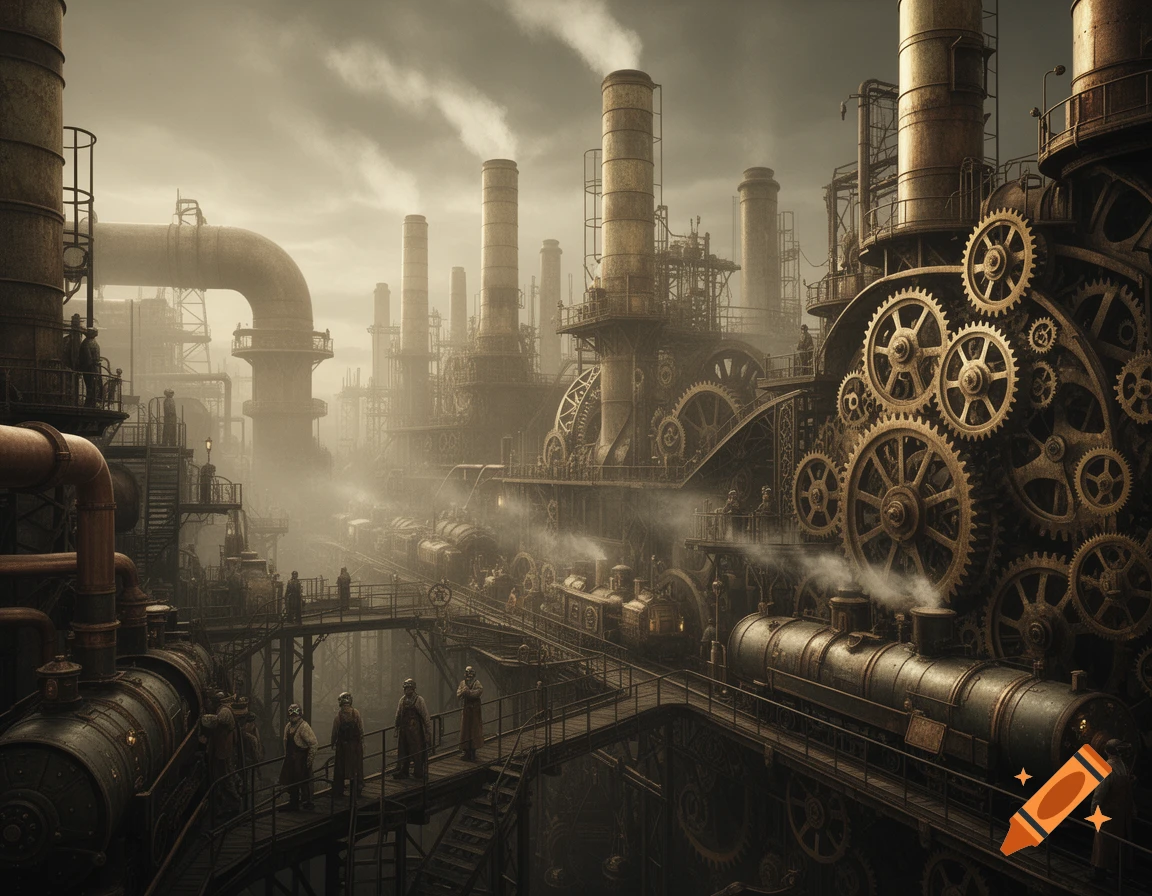 A sprawling steampunk industrial complex with large gears, pipes, smokestacks emitting steam, and vintage trains on elevated platforms.