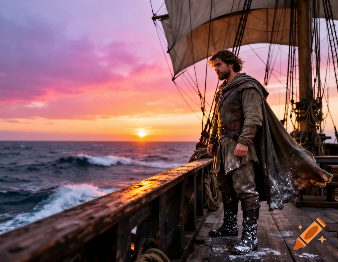 Man in medieval attire on an old sailing ship's deck, gazing at a dramatic pink and orange sunset over rough seas.