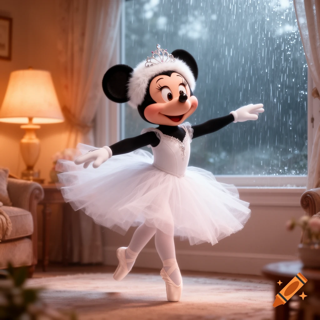 Minnie Mouse in a white ballet costume and tiara dances gracefully indoors, with rain visible through a large window. Photorealistic.