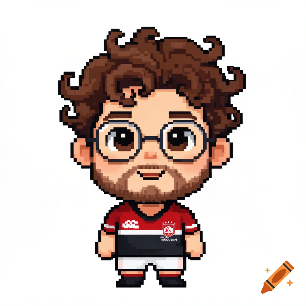 A pixel art chibi character with curly brown hair, glasses, beard, wearing a red and black rugby jersey.