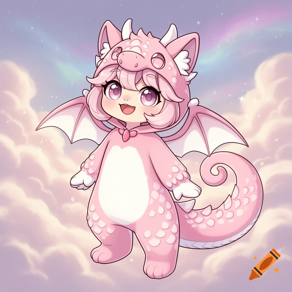 A cute chibi cartoon girl in a pink dragon fursuit floats happily among pastel clouds and a faint rainbow.