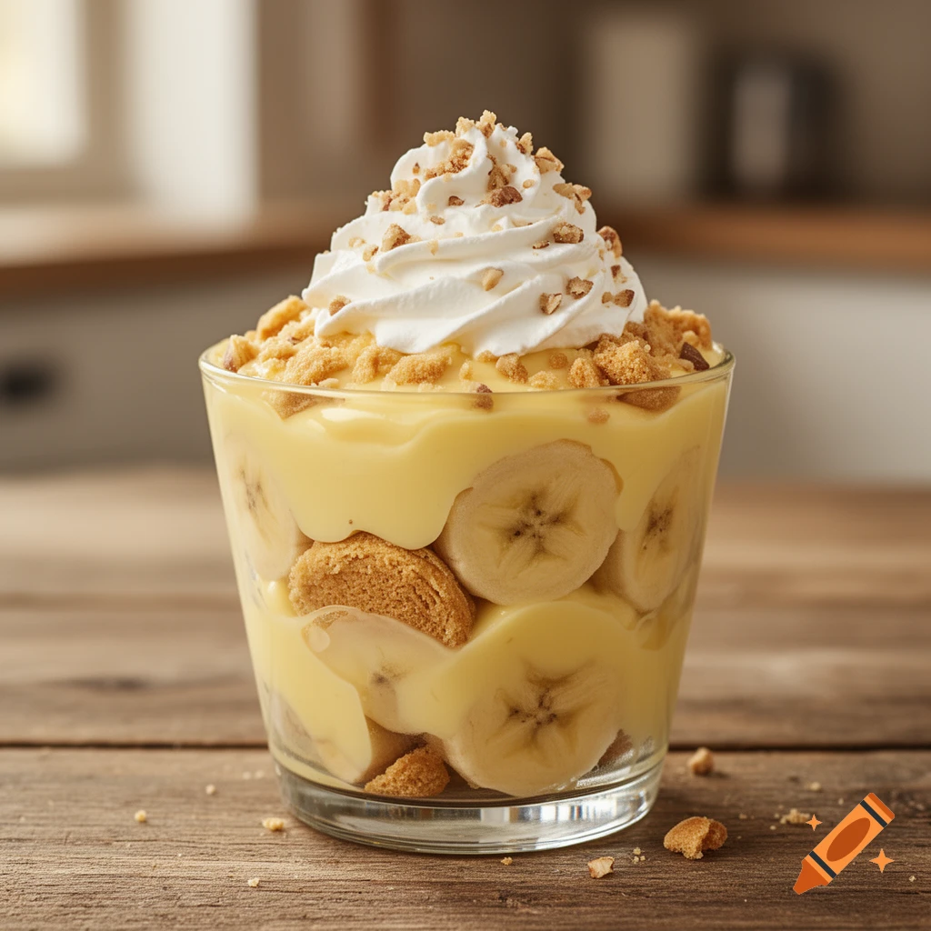 A photorealistic close-up of a banana pudding in a clear glass, showing layers of creamy pudding, banana slices, crushed cookies, and whipped cream topped with nuts on a wooden table.