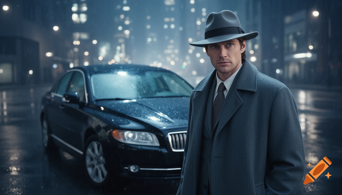 A man in a grey overcoat and fedora stands next to a black sedan on a rainy city street at night.