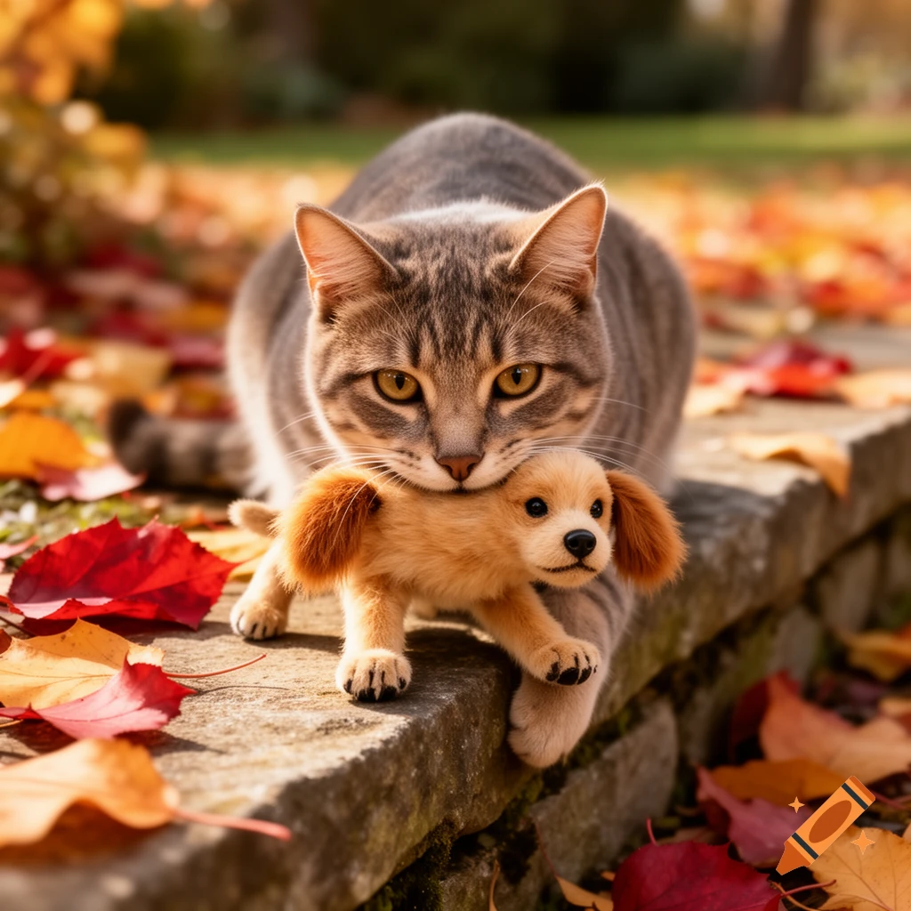 A photorealistic image of a tabby cat gently carrying a small light brown puppy in its mouth among colorful autumn leaves on a stone ledge.