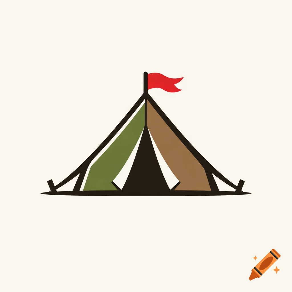 A minimalist camping tent logo with a triangular shape and a red flag waving right.