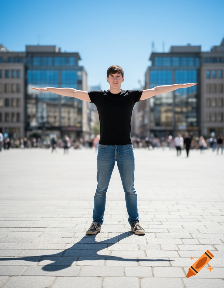 Young man T-Posing in a city square on a sunny day with blurred buildings in the background, photorealistic style.