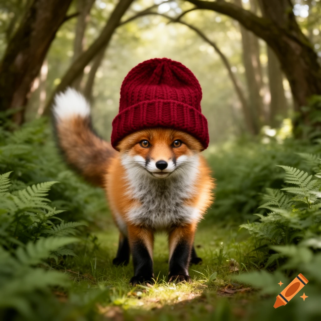A cute, photorealistic fox wearing a red knitted hat stands in a lush ...