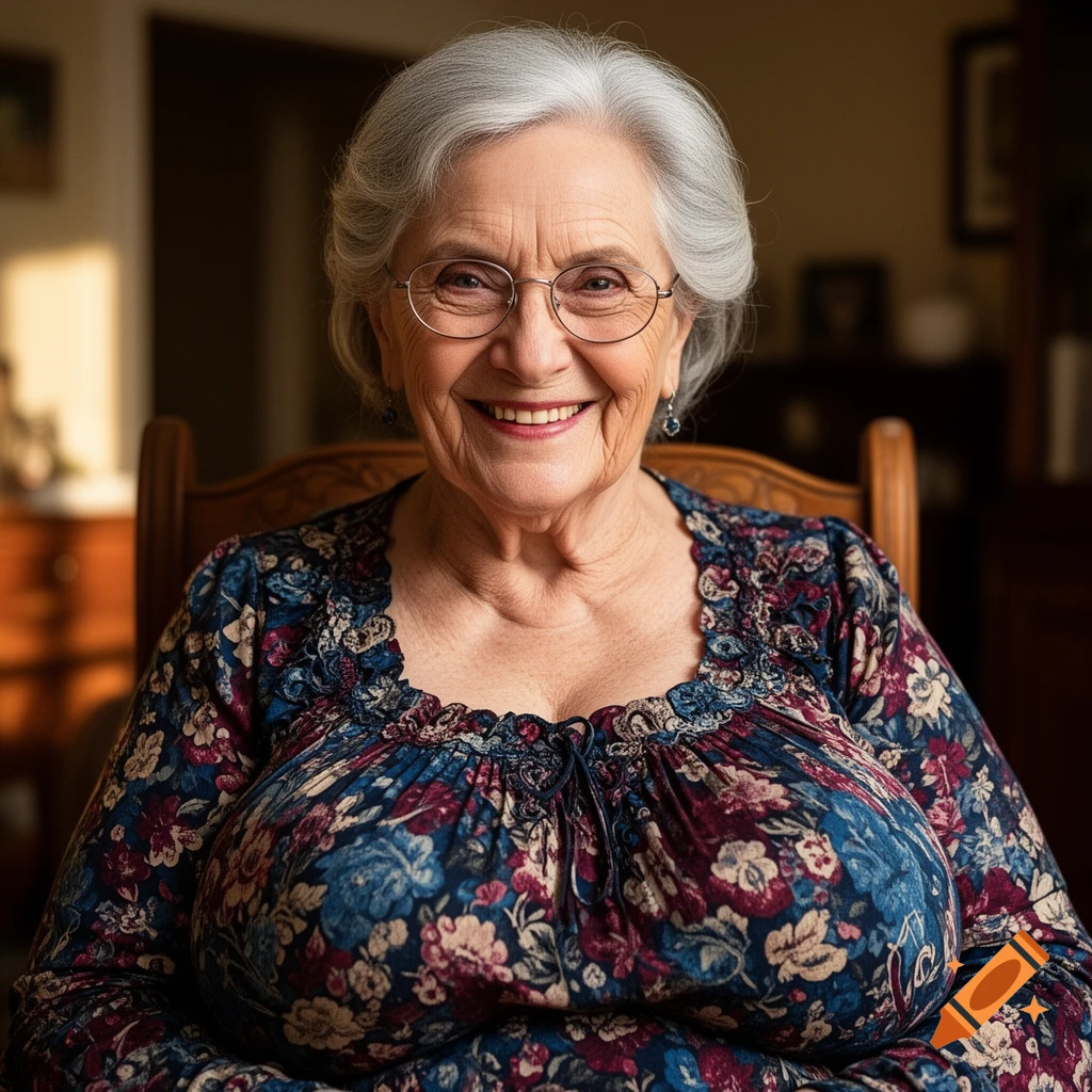 A smiling elderly woman with grey hair and glasses, wearing a floral blouse, in a photorealistic style.