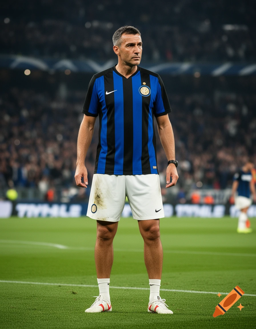 A man in an Inter Milan soccer uniform stands on a green field in a stadium, looking serious and focused.