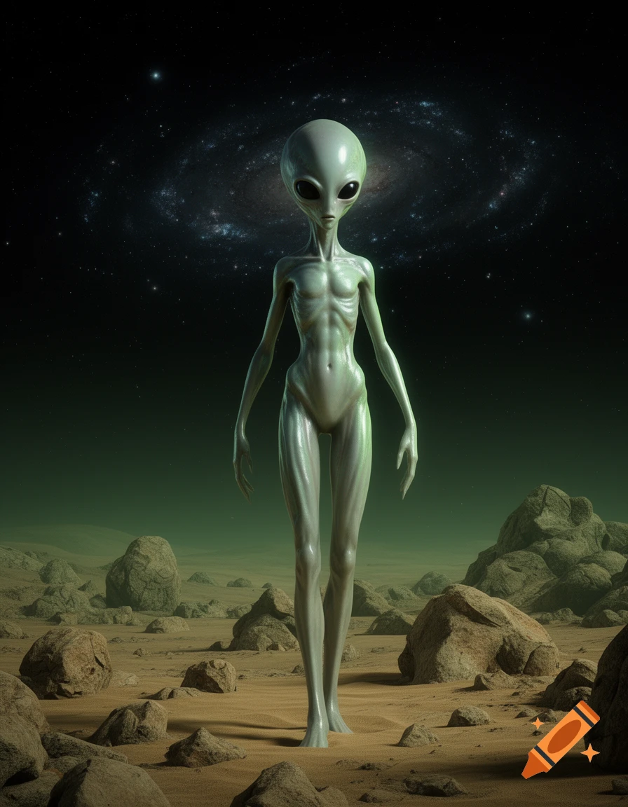 A tall, slender grey alien with large dark eyes stands on a rocky desert planet with a swirling galaxy in the night sky.