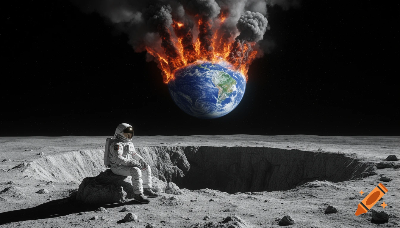 An astronaut sits on a crater on the moon, observing a photorealistic Earth engulfed in flames and smoke in the dark sky.