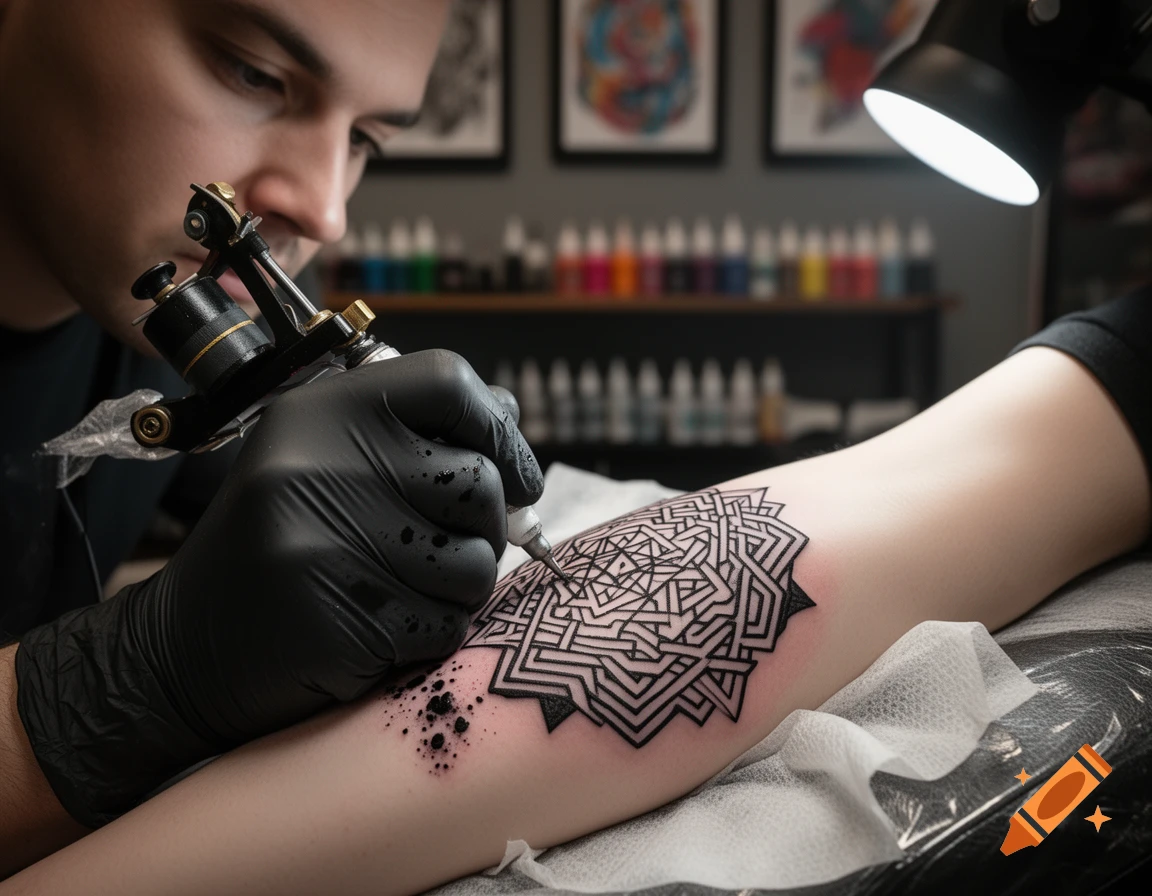 Close-up of a tattoo artist in black gloves tattooing a geometric pattern on a person's forearm in a professional studio setting.