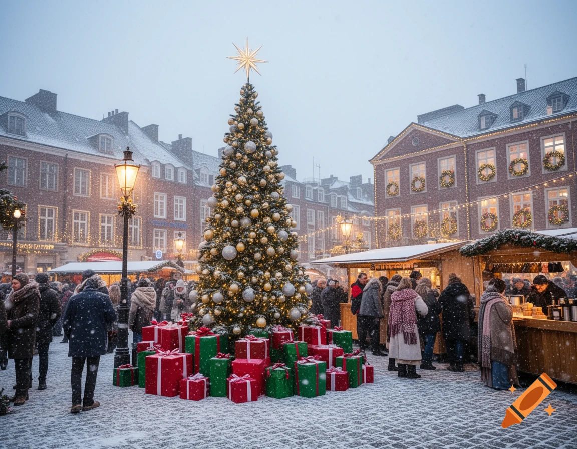 A bustling Christmas market on a snowy day, featuring a large, decorated Christmas tree surrounded by red and green presents, stalls, and people.