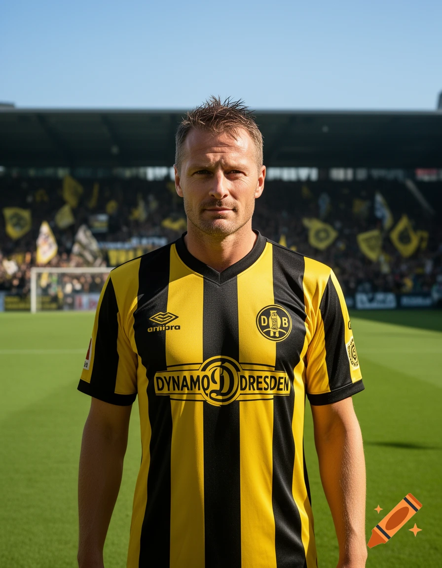 A photorealistic portrait of a male soccer player in a black and yellow striped Dynamo Dresden jersey, standing on a field in a stadium.