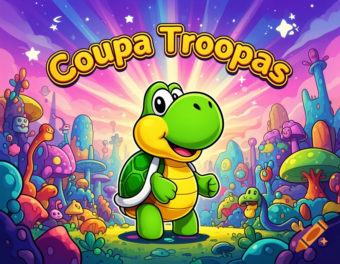 A cute green and yellow cartoon turtle stands in a vibrant, whimsical landscape with colorful mushrooms under text 'Coupa Troopas'.