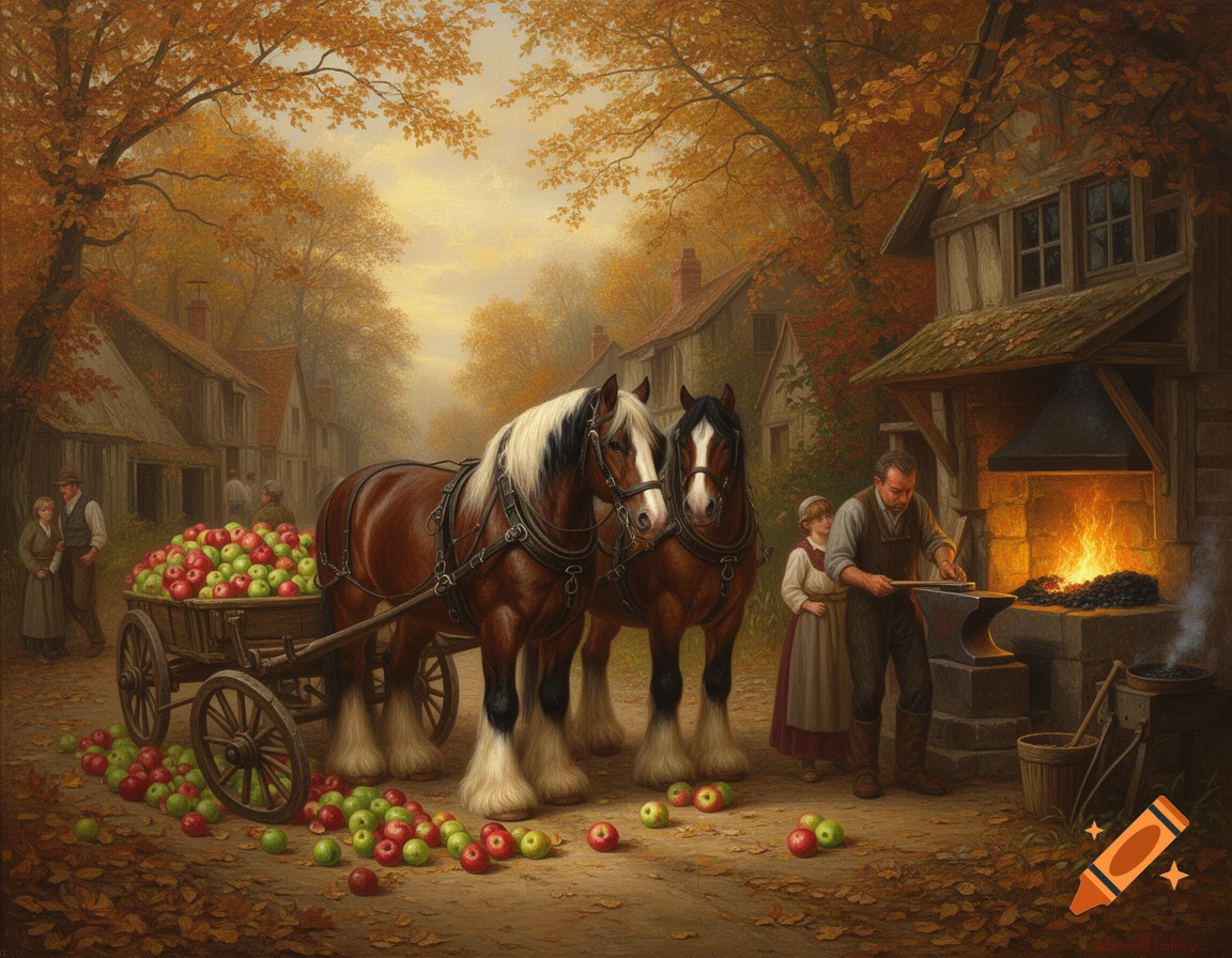 Old master painting of a rural village scene in autumn, with Shire horses and a cart of spilled apples near a blacksmith's forge.
