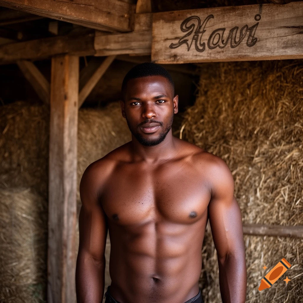 Photorealistic portrait of a shirtless Black man with a goatee, standing in a rustic barn with hay bales, looking at the camera.