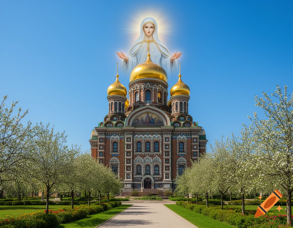 A colorful Russian Orthodox church with golden domes is topped by a glowing figure of the Theotokos, surrounded by blooming trees under a clear blue sky.