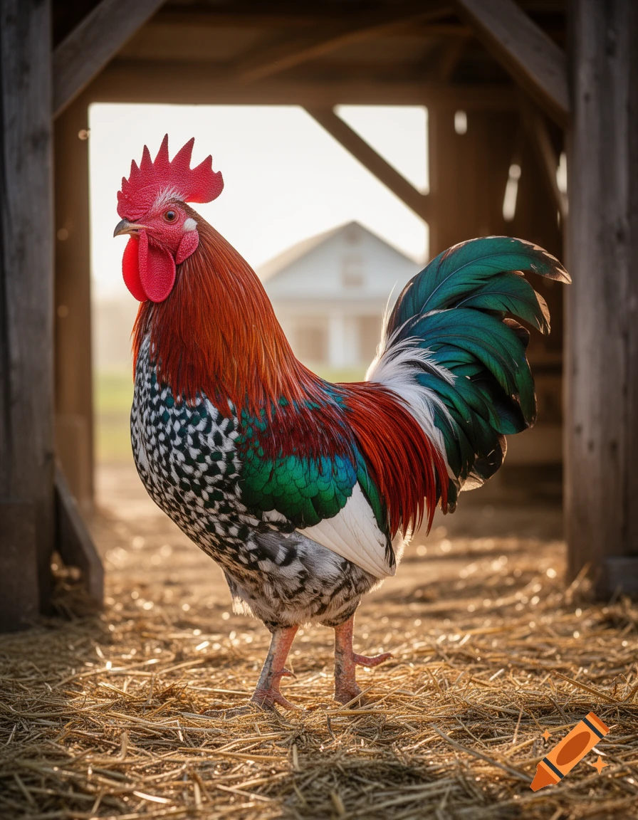 A colorful rooster with red, black, green, and white feathers stands on hay inside a barn, bathed in sunlight.