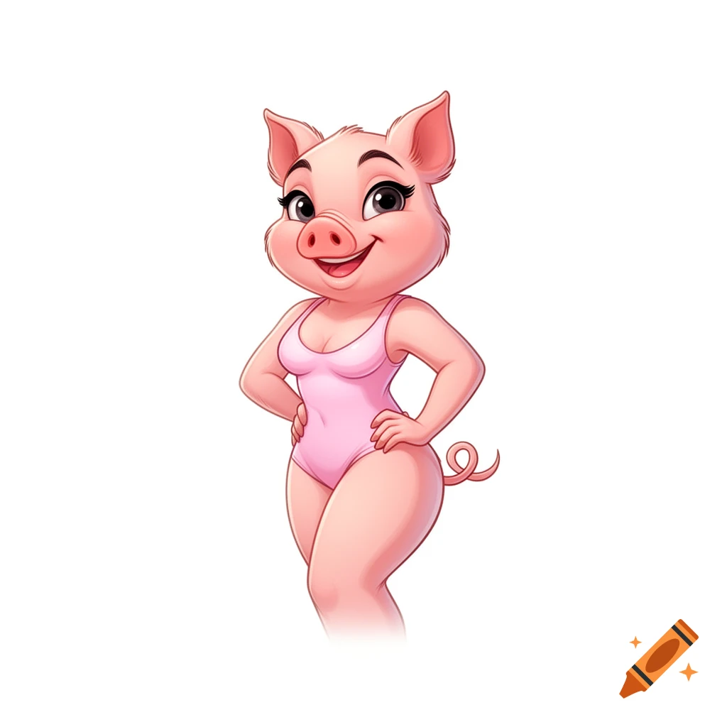 A smiling cartoon pig character wearing a pink one-piece swimsuit, posing with hands on hips against a white background.