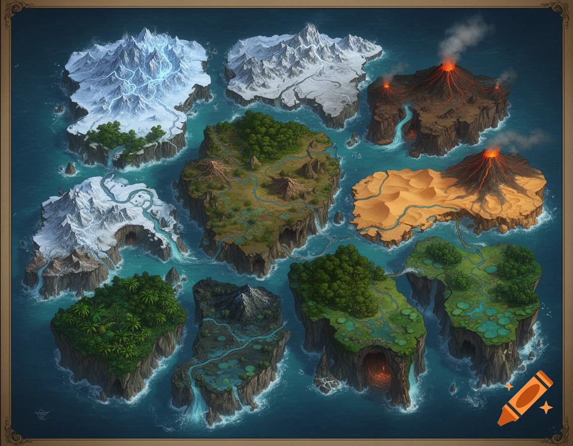 A top-down fantasy world map with 12 distinct islands featuring diverse biomes like snowy mountains, deserts, jungles, volcanoes, and swamps surrounded by blue seas.
