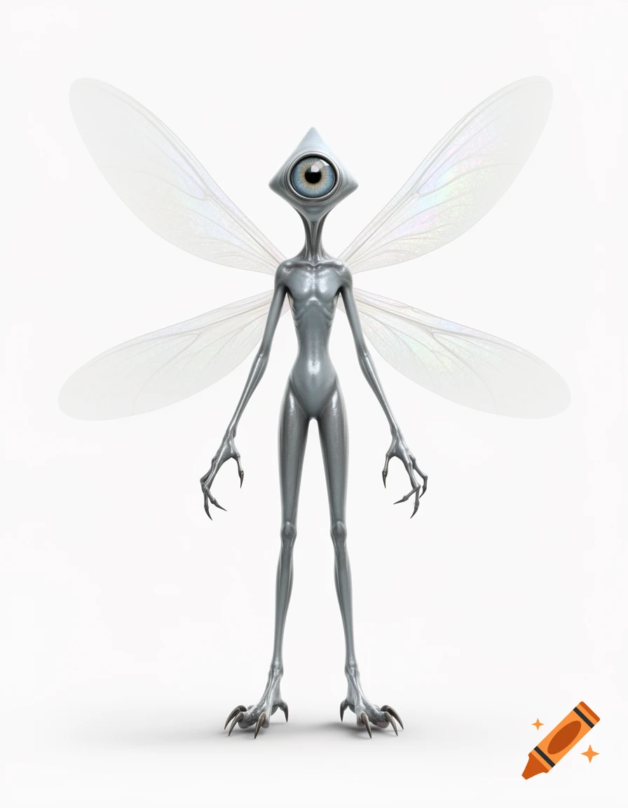 A sleek, grey, skinny alien with large insectoid wings, long arms, clawed feet, and a single blue eye on a triangular head, against a white background.