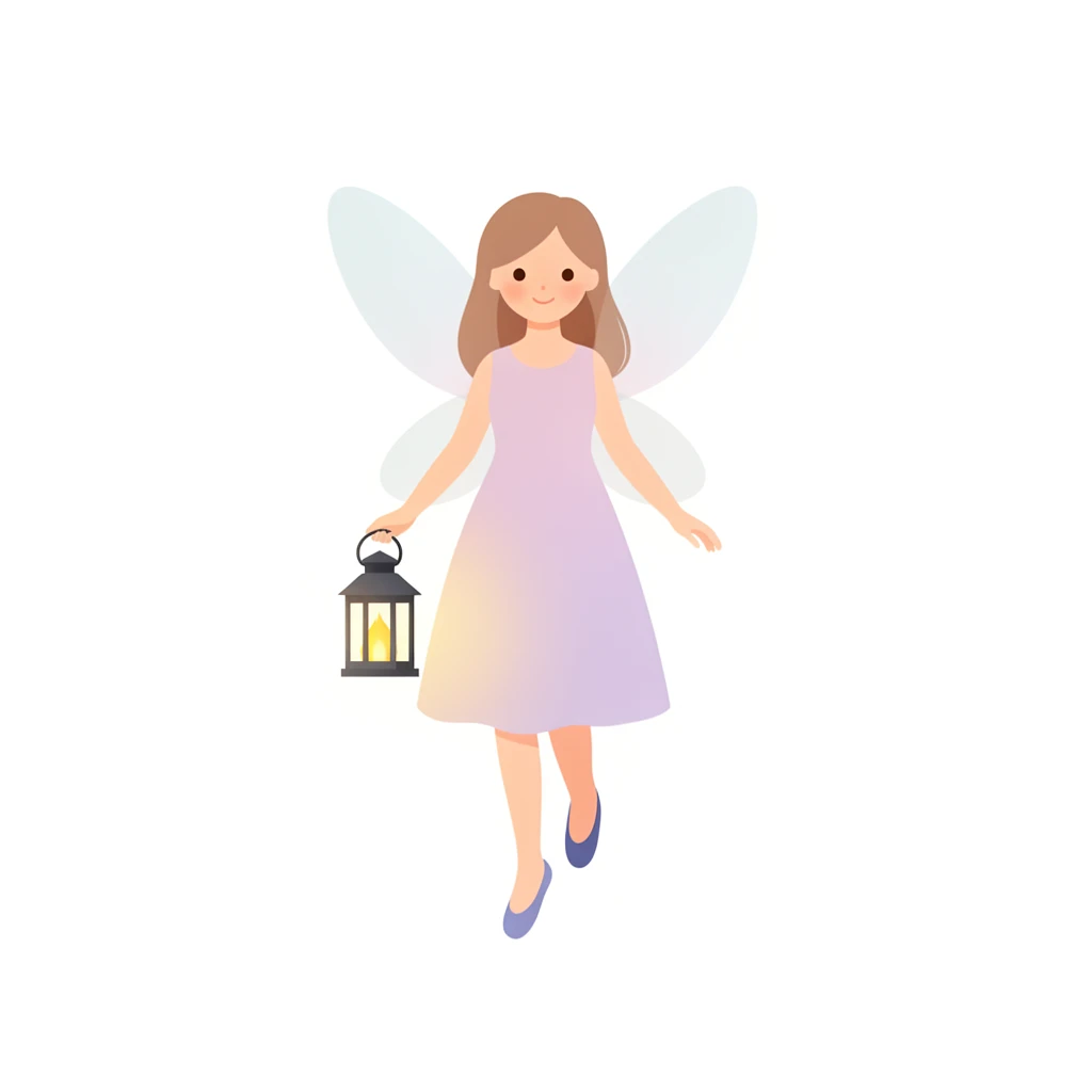 contemporary 2D stock illustration, clean simplified natural forms, flat color areas with gentle soft gradient shading, rounded believable proportions, restrained detail, no outer outlines, no texture or grain, non-photorealistic. A friendly fairy hovering slightly or standing lightly with a small lantern, full body, centered on a pure white background. Simple dress, translucent wings, soft hair, and ballet-flat shoes. Palette-disciplined colors with one dominant pastel family and one brighter accent. Clear readable silhouette with comfortable padding, no cast shadow, no floor shadow, no extra scenery, no text.