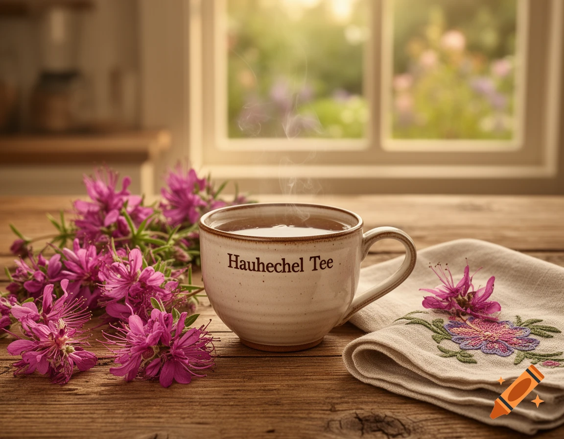 Steaming cup labeled "Hauhechel Tee" on a wooden table, next to pink flowers and an embroidered napkin, with a blurred garden view through a window in the background, photorealistic.