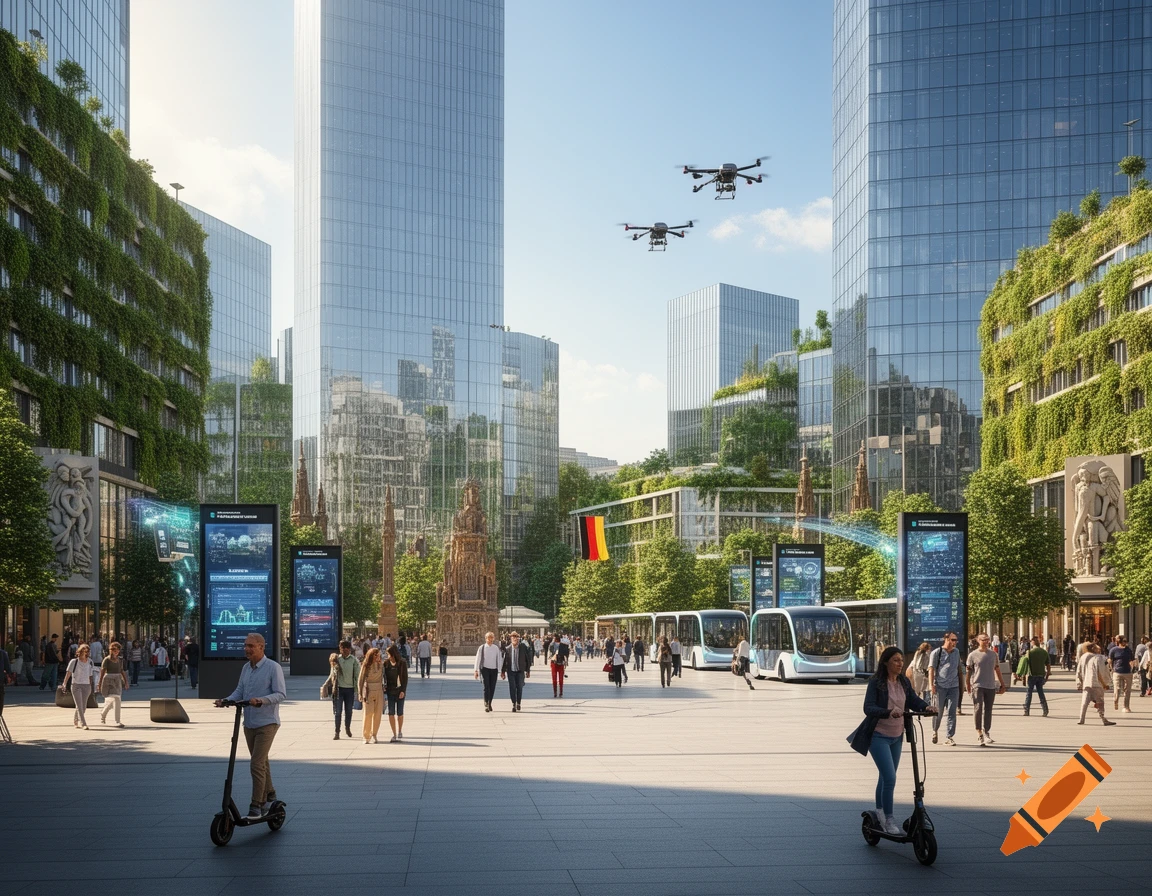 A bustling, modern city street with glass skyscrapers and buildings covered in greenery, two drones fly overhead. People walk and ride scooters past digital information screens and futuristic buses, under a bright sky with a German flag visible.